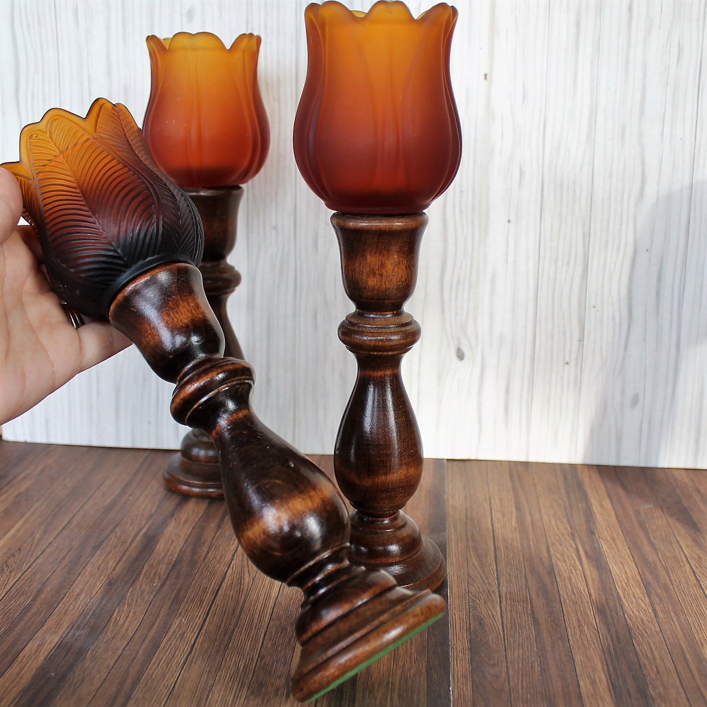 Vintage Votive Candlestick Set of 3 Amber Flower Votives with Wooden