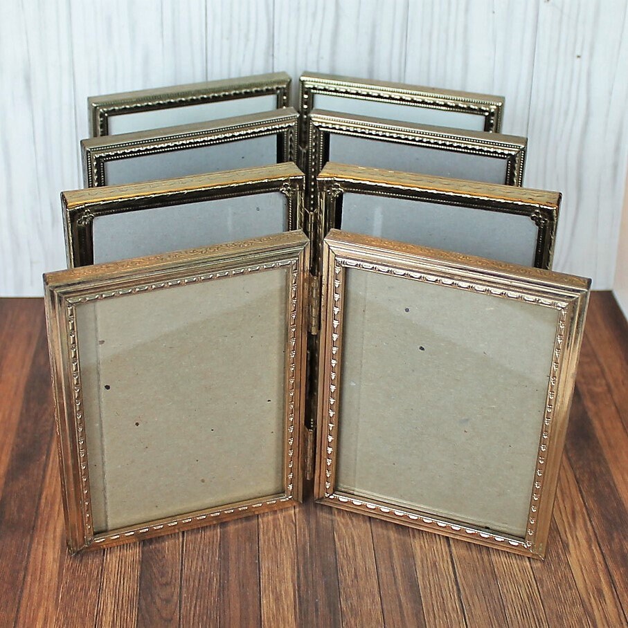 Vintage 3x4 Double Hinged Metal Gold Brass Photo Picture Frame Set of 4