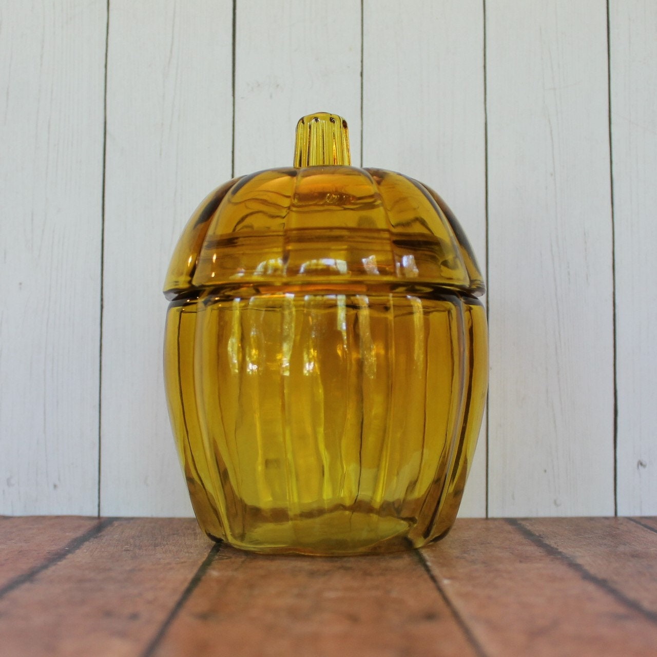 Vintage Amber Yellow Glass Pumpkin Jar Candy Dish Bowl with Lid Candle