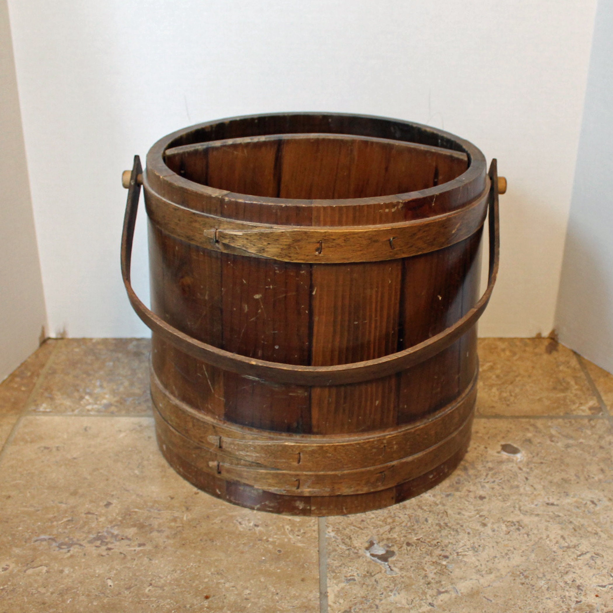 Vintage Wooden Bucket with Handle Shaker Style Firkin Brown Wood Sugar