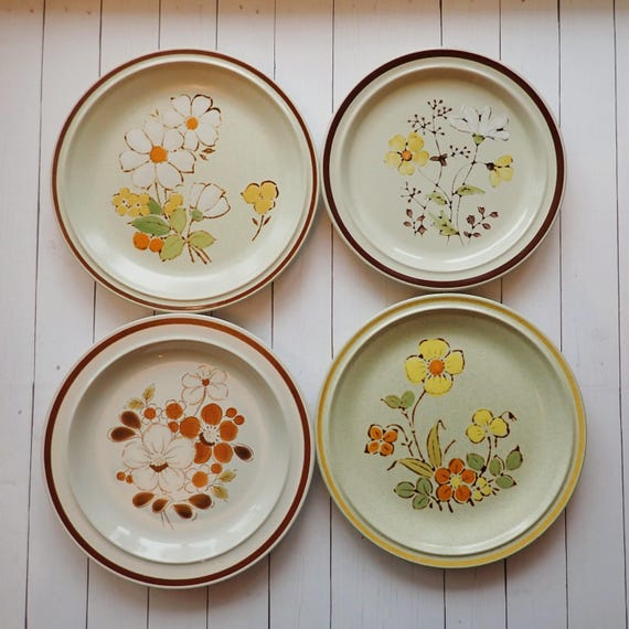 Vintage Mismatched Stoneware Salad Plate Set of 4 Mix and Match Plates White with Yellow Green Blue Brown Flower Designs 1970s