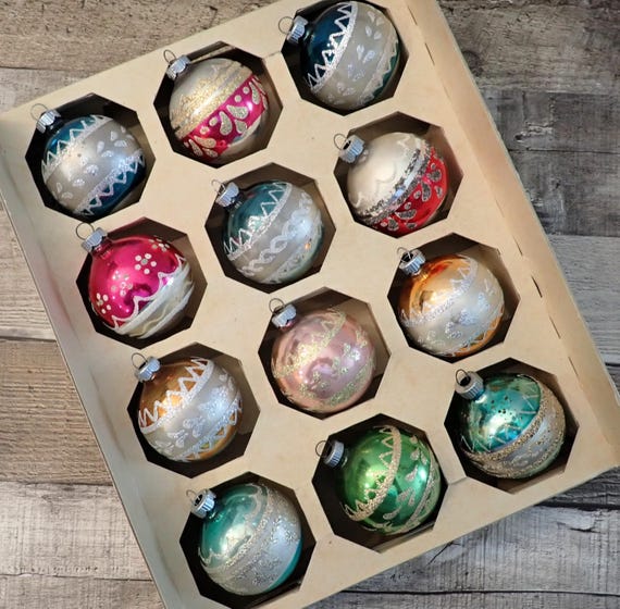 Vintage Shiny Brite Mercury Glass 2.25" Ball Ornament Set of 12 with Box Blue Green Red Yellow with Silver Mica Gold Glitter Stencil Design