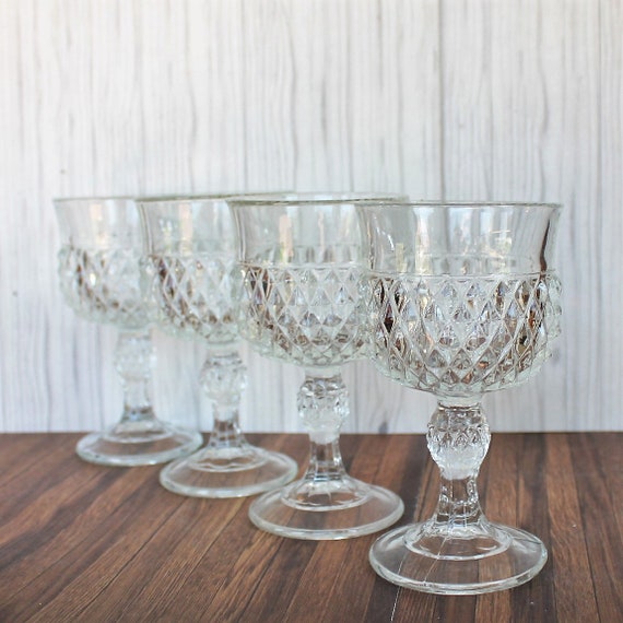Vintage Indiana Glass DIAMOND POINT Clear 5" Wine Glass Set of 4 Glasses Clear Diamond Cut Pattern