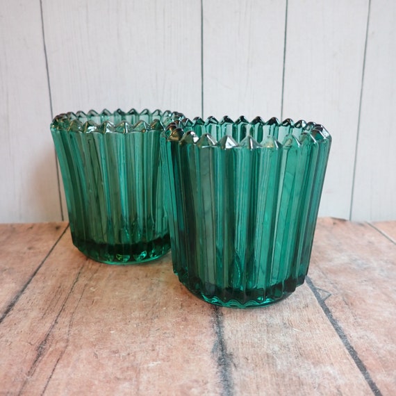 Vintage Indiana Glass Evergreen Teal Green Ribbed Votive Tealight Candle Holders Pair Set of 2 Candleholders