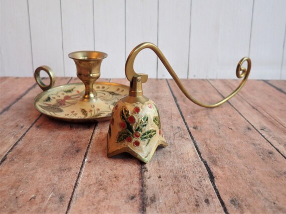 Vintage Brass and Enamel Christmas Candlestick Holder and Candle Snuffer Set Made in India Cloisonne