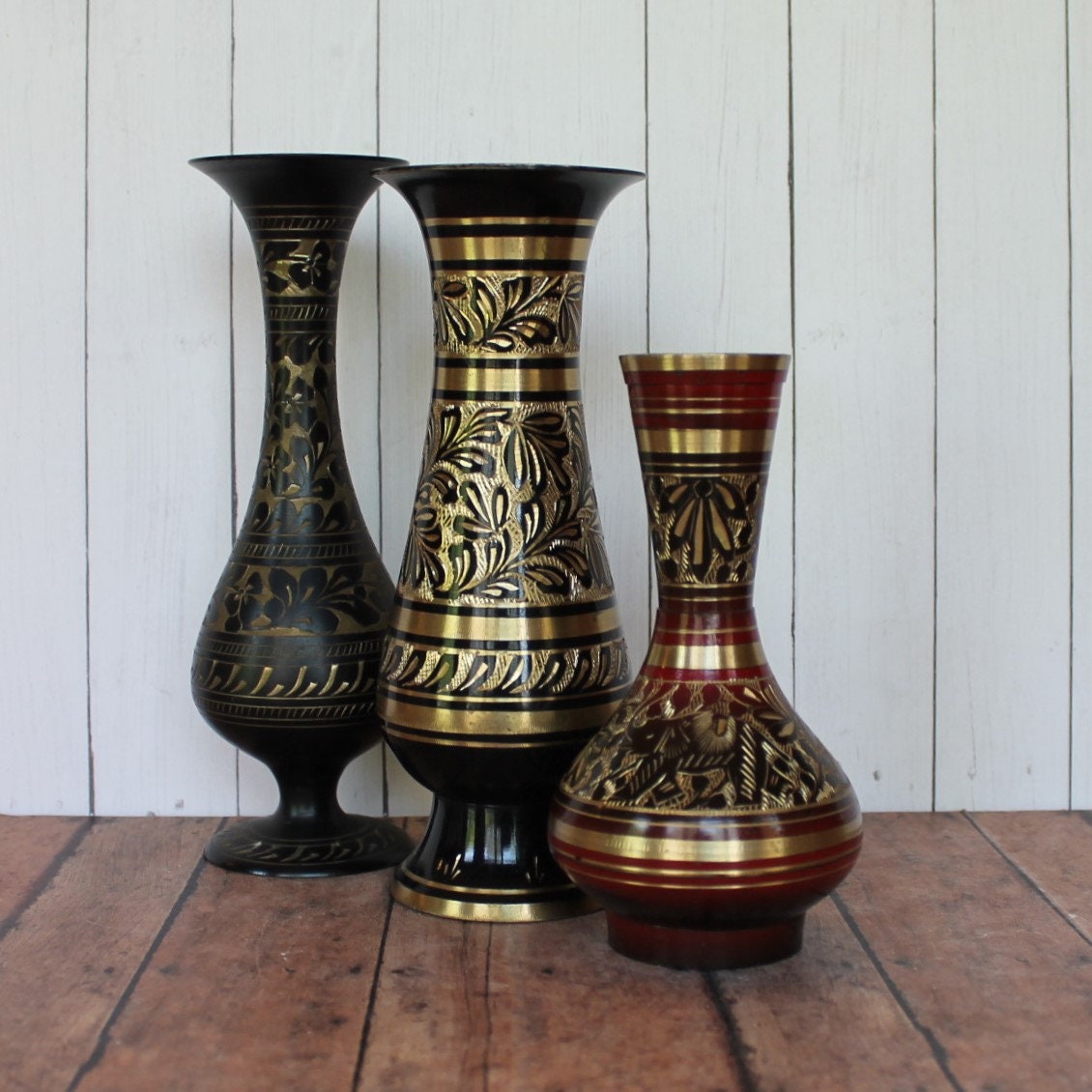 Vintage Brass Vase Set of 3 Vases Black Gold Red with Etched Floral and
