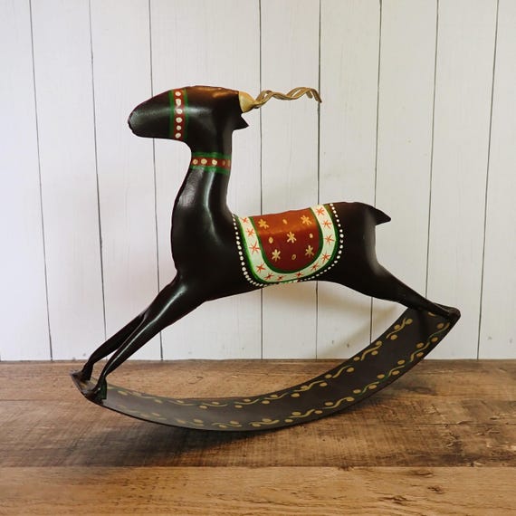 Vintage Metal Modern Rocking Reindeer Deer Figurine Black Red White Green with Hand Painted Nordic Design Christmas Winter Holiday Decor