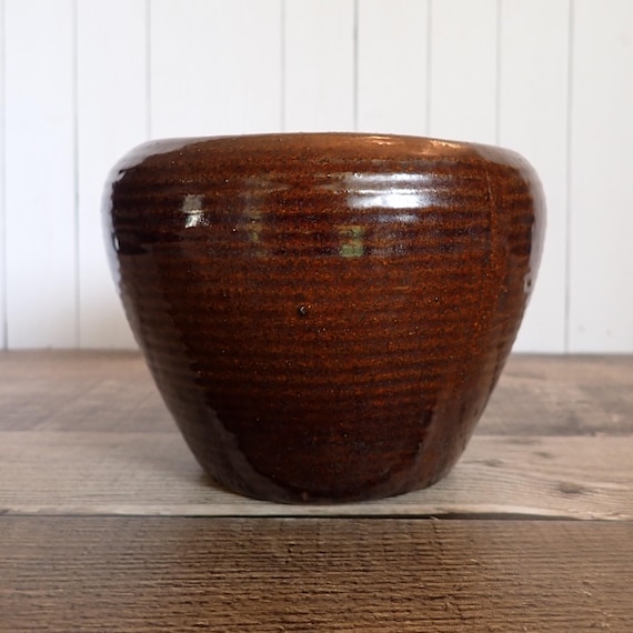 Vintage Zanesville Stoneware Planter Stoneage Modern Brown Ribbed Banded Flowerpot