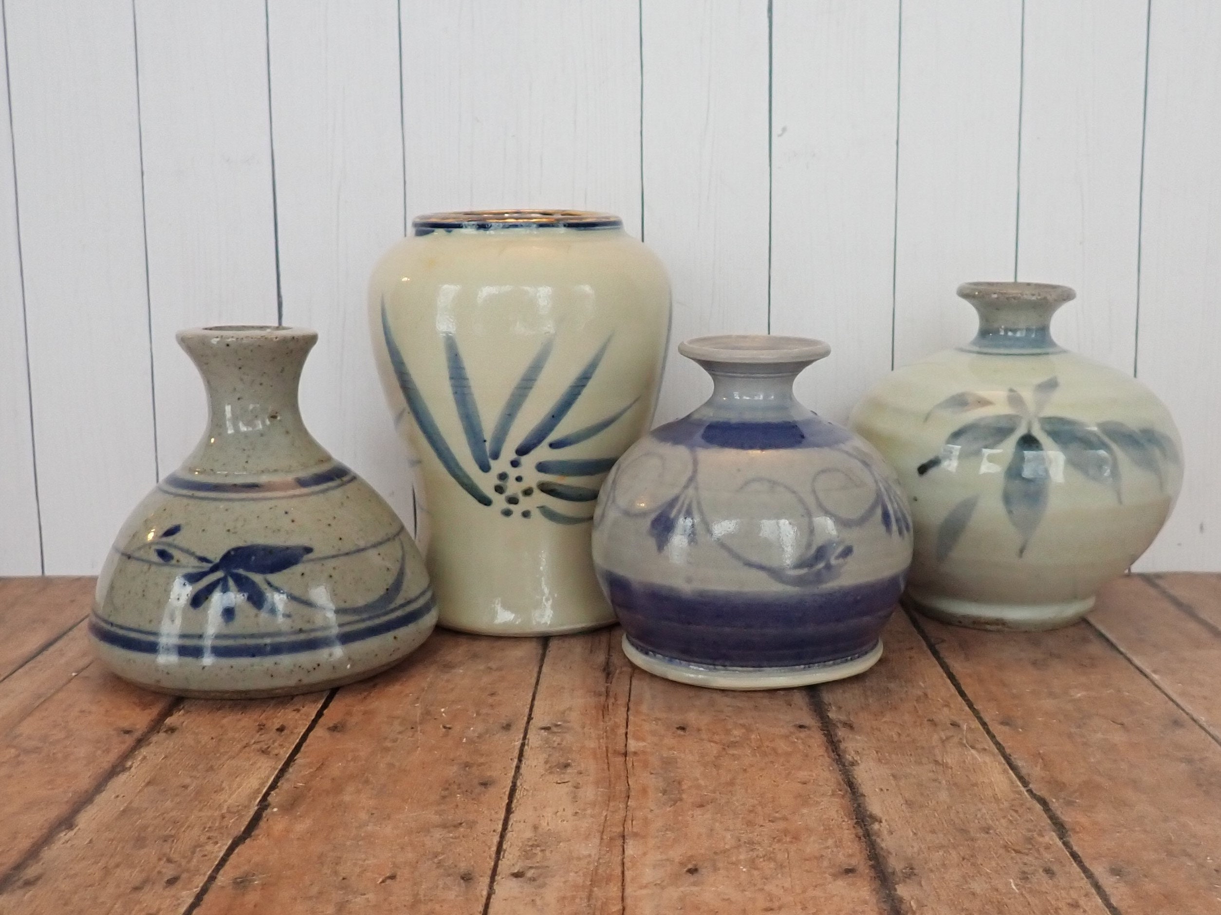 Vintage Stoneware Vase Set of 4 Handmade Studio Pottery Blue and White