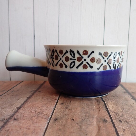 Vintage Stoneware Soup Bowl Mug with Handle Blue and White with Brown Geometric Flower Design Japan