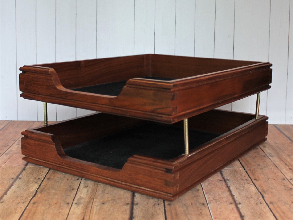 Vintage Wooden 2Tier Paper Tray Desk Office Storage Newell Office