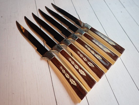 Vintage Regent Sheffield Steak Knife Set of 6 with Brown and Cream Handle with Leaf Design