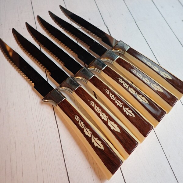 Vintage Regent Sheffield Steak Knife Set of 6 with Brown and Cream Handle with Leaf Design