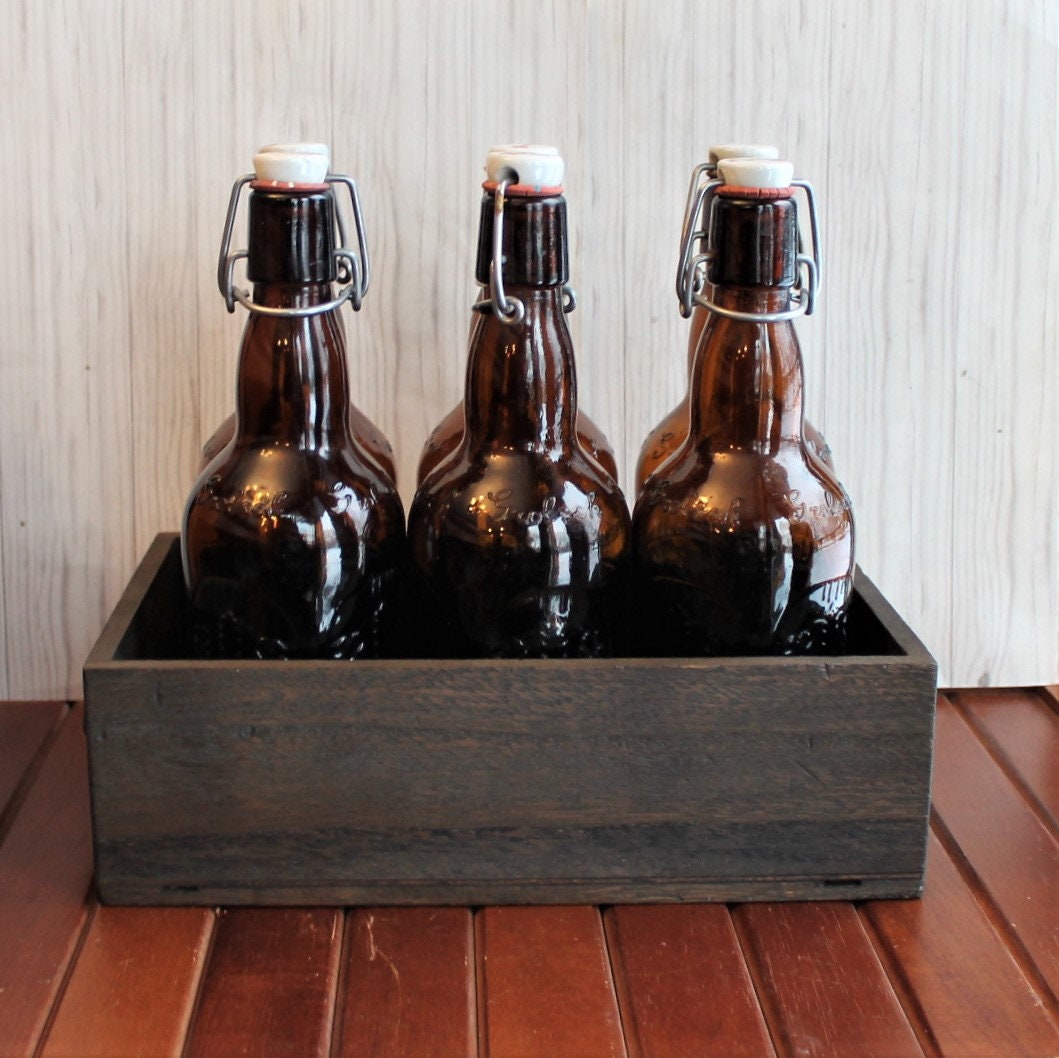 Vintage Grolsch Beer Bottle Set of 6 with Wooden Crate Amber Brown Glass Bottle with Cap and