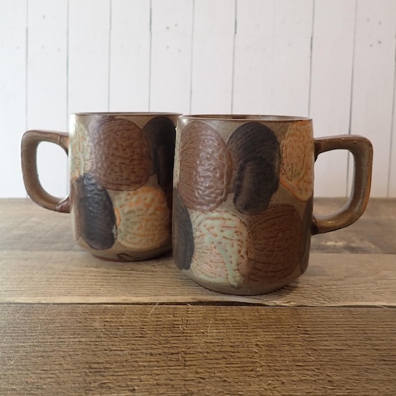 Vintage Stoneware Mug Set of 2 Brown Rustic Mugs with White and Blue Circles Dots Otagiri Seymour Mann Style Mid Century