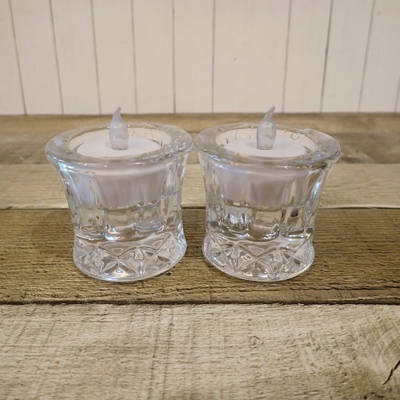 Vintage Clear Glass Tealight or Taper Candle Holder Set of 2 with Diamond Design