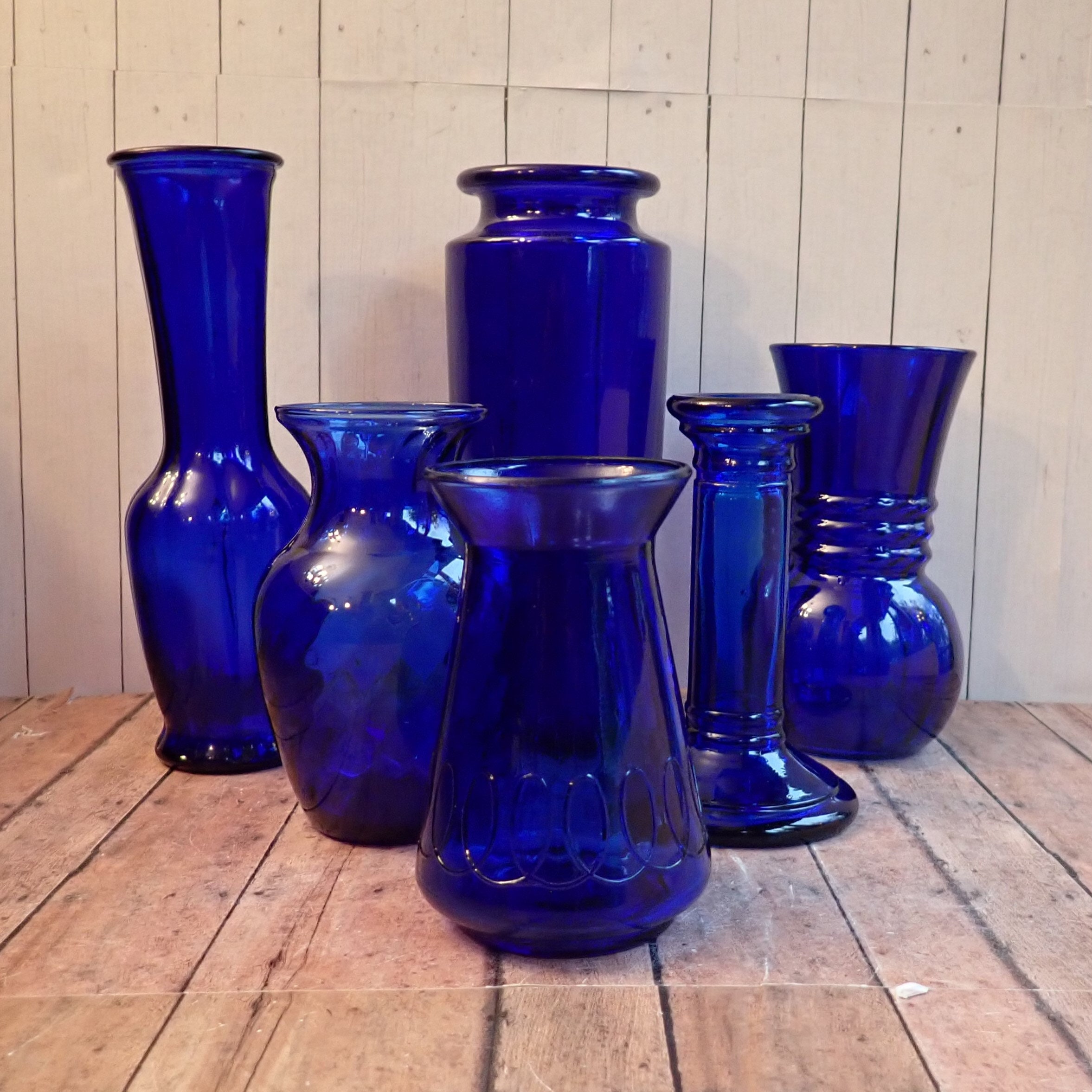 Vintage Cobalt Dark Blue Glass Vase Set of 6 All Different Patterns