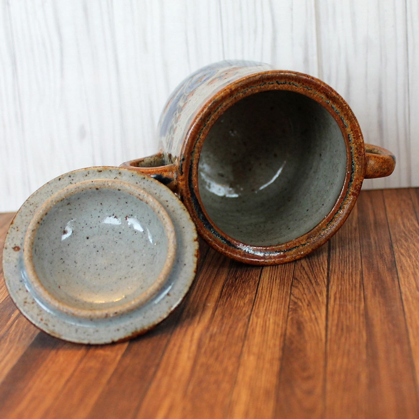 Vintage Tonala Pottery Sugar Bowl Dish with Lid Double Handle Blue Bird