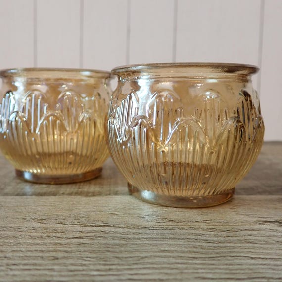 Vintage Light Amber Peach Yellow Quilted Votive Tealight Candle Holders Pair Set of 2 Candleholders