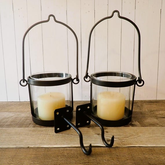 Vintage Black Metal Candle Wall Sconce Set of 2 Hanging Candle Holder with Pillar Candles Wrought Iron