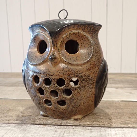 Vintage Stoneware Owl Tealight Votive Candle Holder Luminary Lantern Brown Ceramic Owl Figurine Candleholder Mid Century Modern