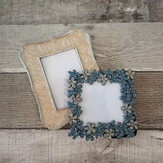 Vintage Metal and Enamel 2x3 and 3x3 Photo Picture Frame Set of 2 Flower Designs