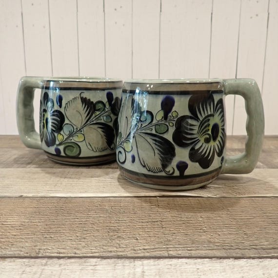 Vintage Mexican Pottery Manuel Wexler Mug Set of 2 Gray Stoneware with Black and Brown Flower and Leaf Designs Jalisco Mexico
