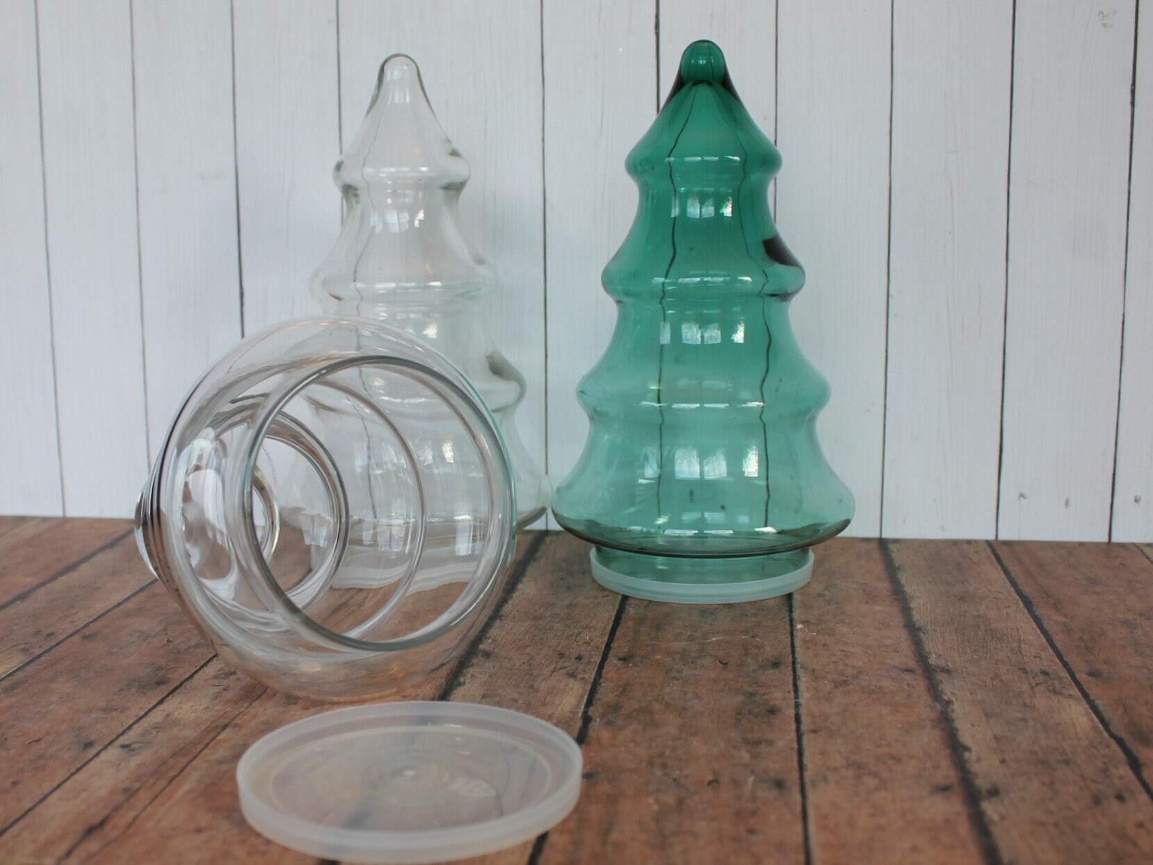 Vintage Clear and Green Glass Christmas Tree Canister Jar Container