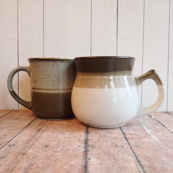 Vintage Stoneware Mug Set of 2 White Gray and Brown Banded Striped Design