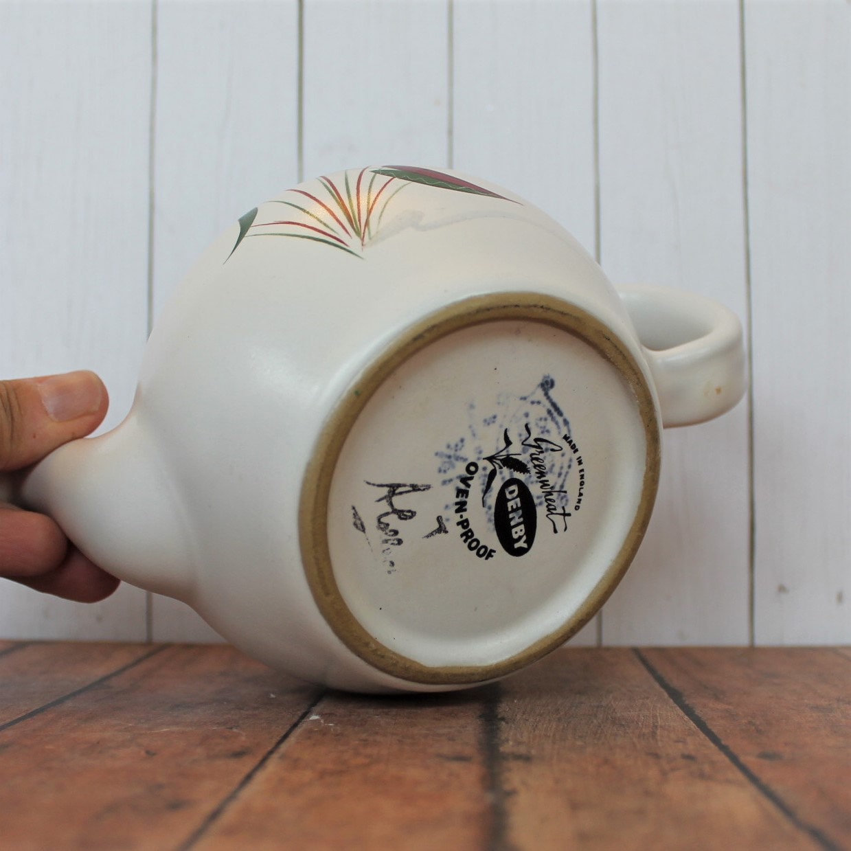Vintage Denby GREENWHEAT Teapot with Hand Painted Leaf Design Signed