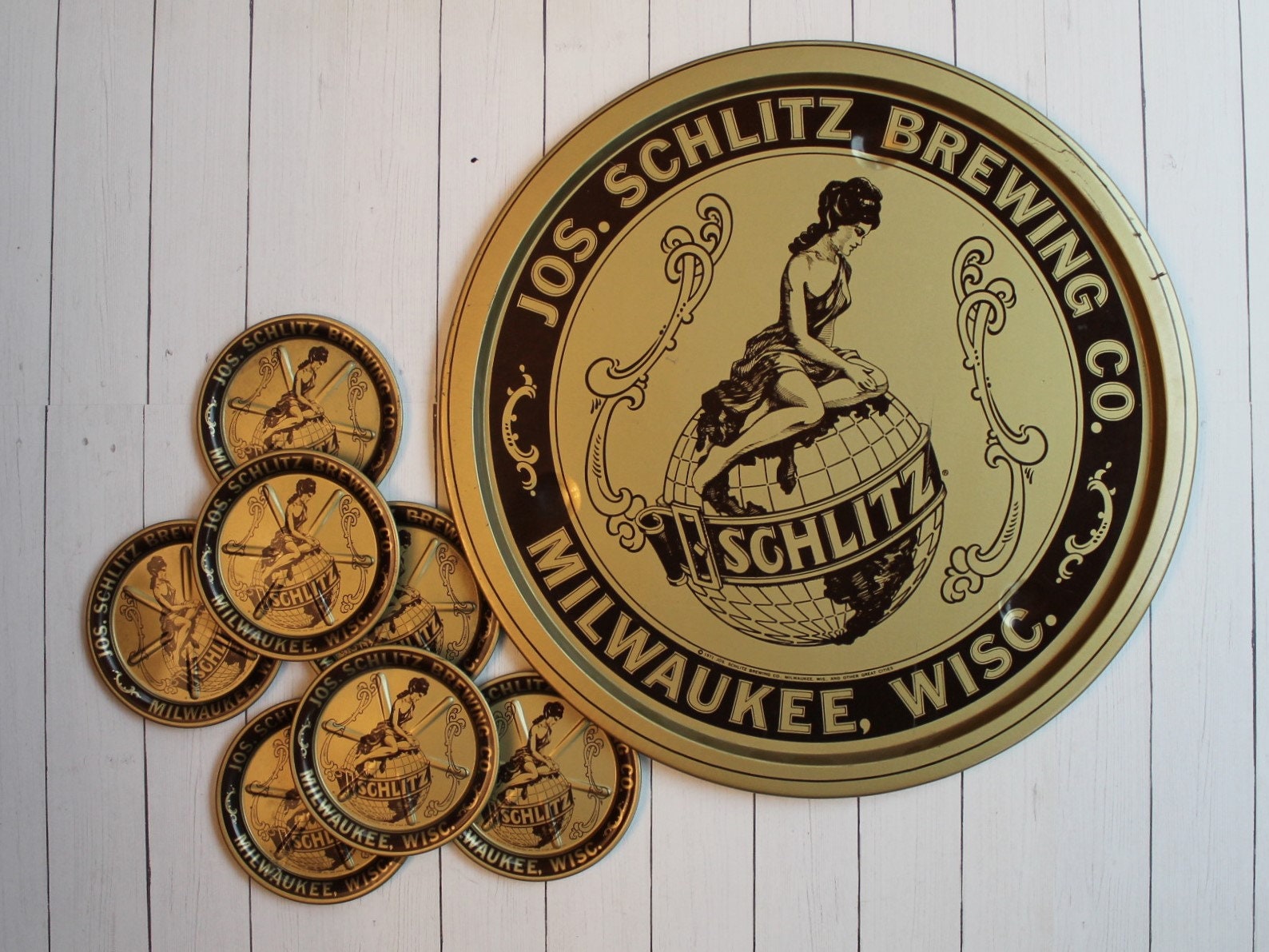 Vintage Schlitz Beer Metal Tray and Coaster Set of 8 Joseph Schlitz
