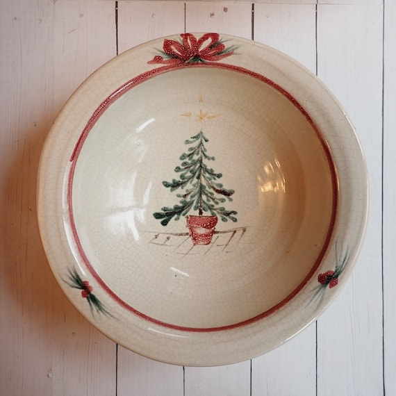 Vintage ROWE POTTERY WORKS Stoneware Cereal Bowl Set of 4 or Set of 8 White with Green Christmas Tree Cambridge Wi