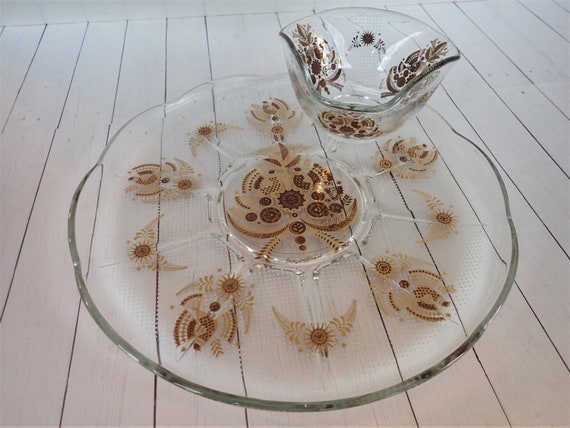 Vintage Georges Briard SONATA Serving Tray and Dip Bowl Clear with Gold Bird Flower and Leaf Design