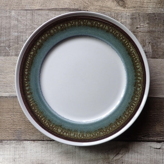 Vintage Mikasa Sandkraft SMOKY MOUNT Luncheon Plate Set of 3 White Blue and Brown Drip Glaze