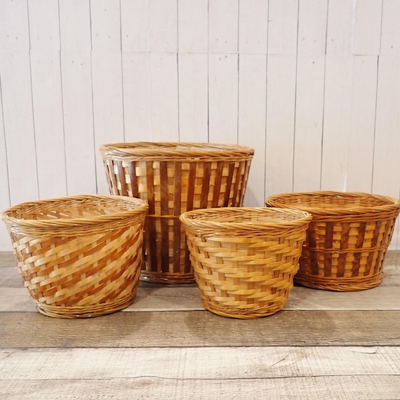 Vintage Woven Wicker Planter Basket Set of 4 Baskets Round Flower Pot Boho Tropical Decor