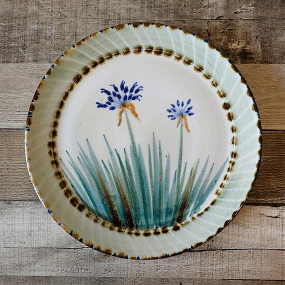 Vintage Stoneware Pottery Plate Gray with Blue Flower Design Studio Pottery Artist Signed
