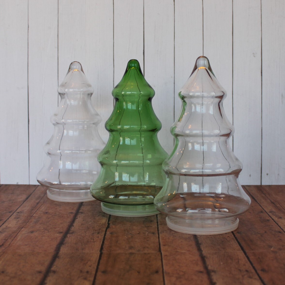 Vintage Clear and Green Glass Christmas Tree Canister Jar Container