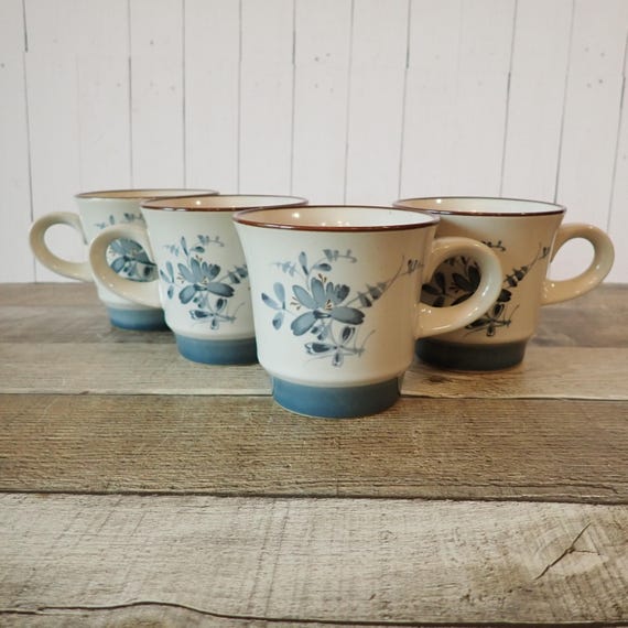 Vintage Nortiake PLEASURE Stoneware Flat Cups Set of 4 White Blue Brown Floral and Leaf Design