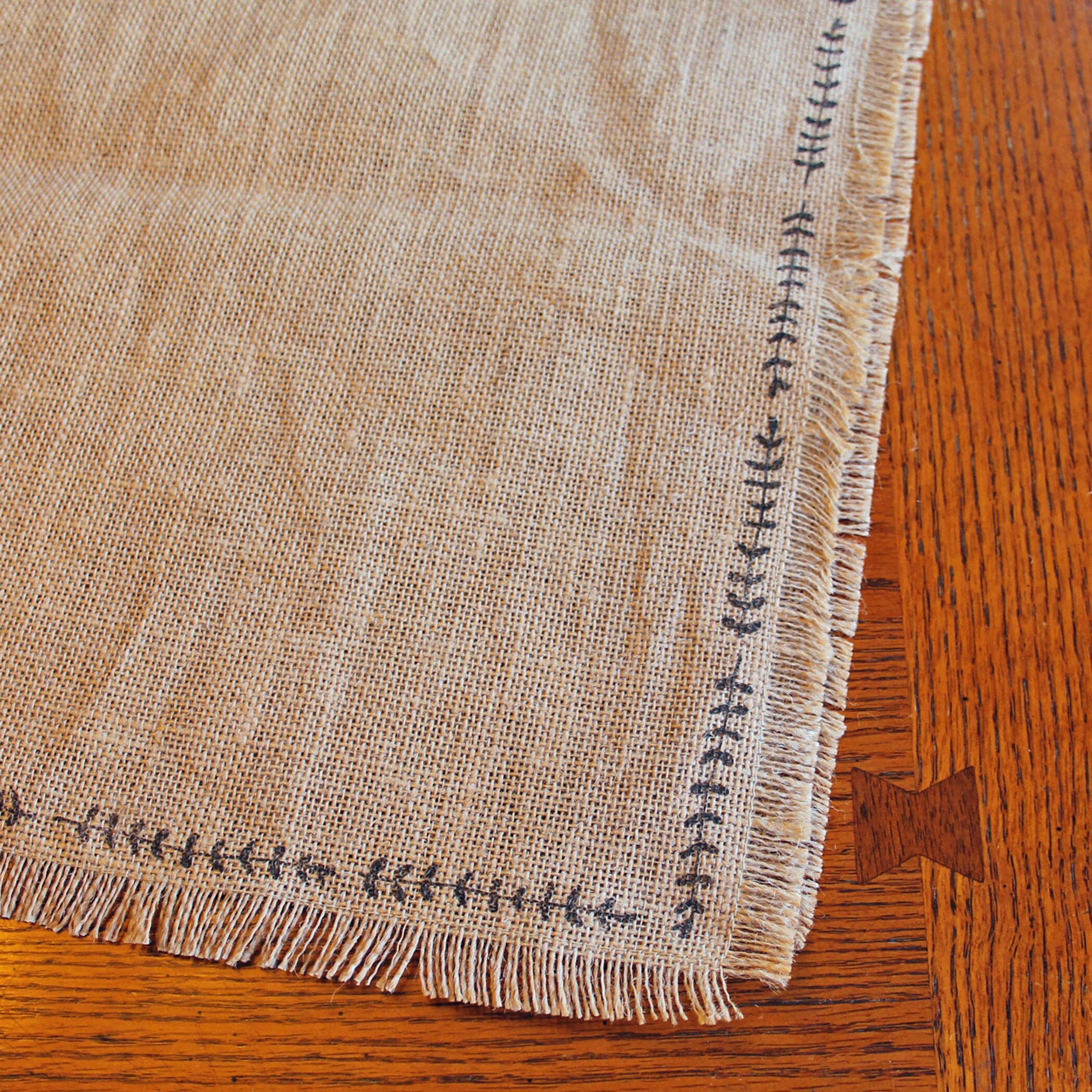 Vintage Jute Burlap Table Runner Tan with Brown Leaf and Vine Design 14