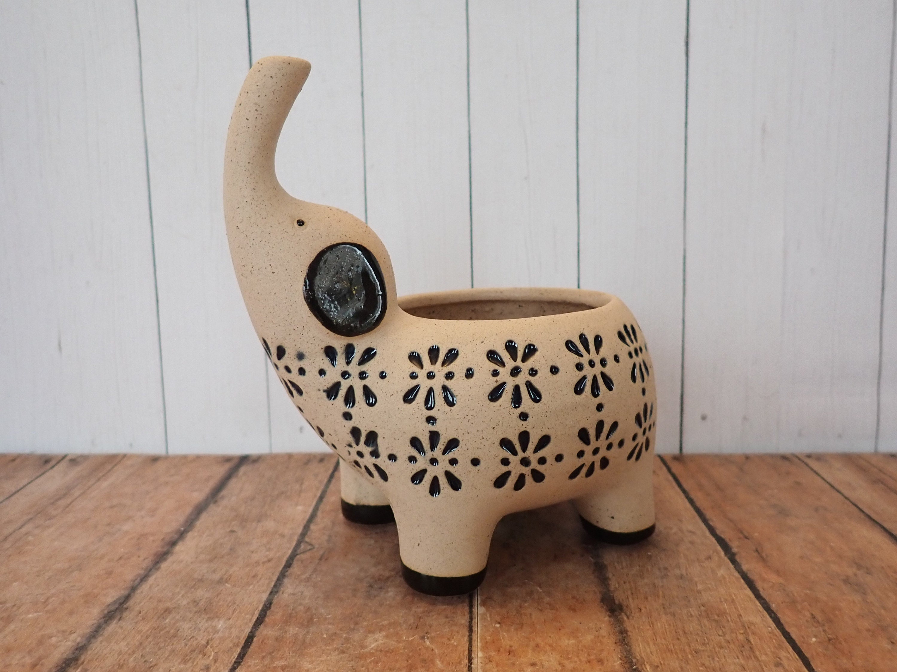 VIntage Small Elephant Succulent Planter Beige Tan and Blue Flower