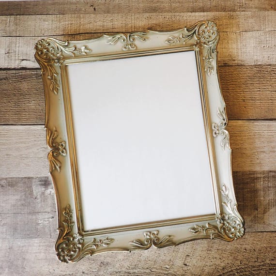 Vintage 8x10 Brass Photo Picture Frame Gray Enamel Accent Scroll and Flower Design