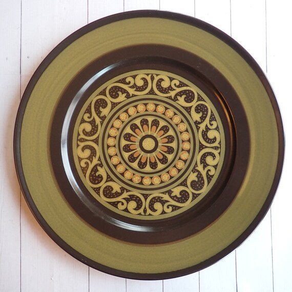 Vintage Mikasa Majorca VERONA 12" Chop Plate Round Serving Platter Brown Green Orange Floral Medallion Design Mid Century Modern