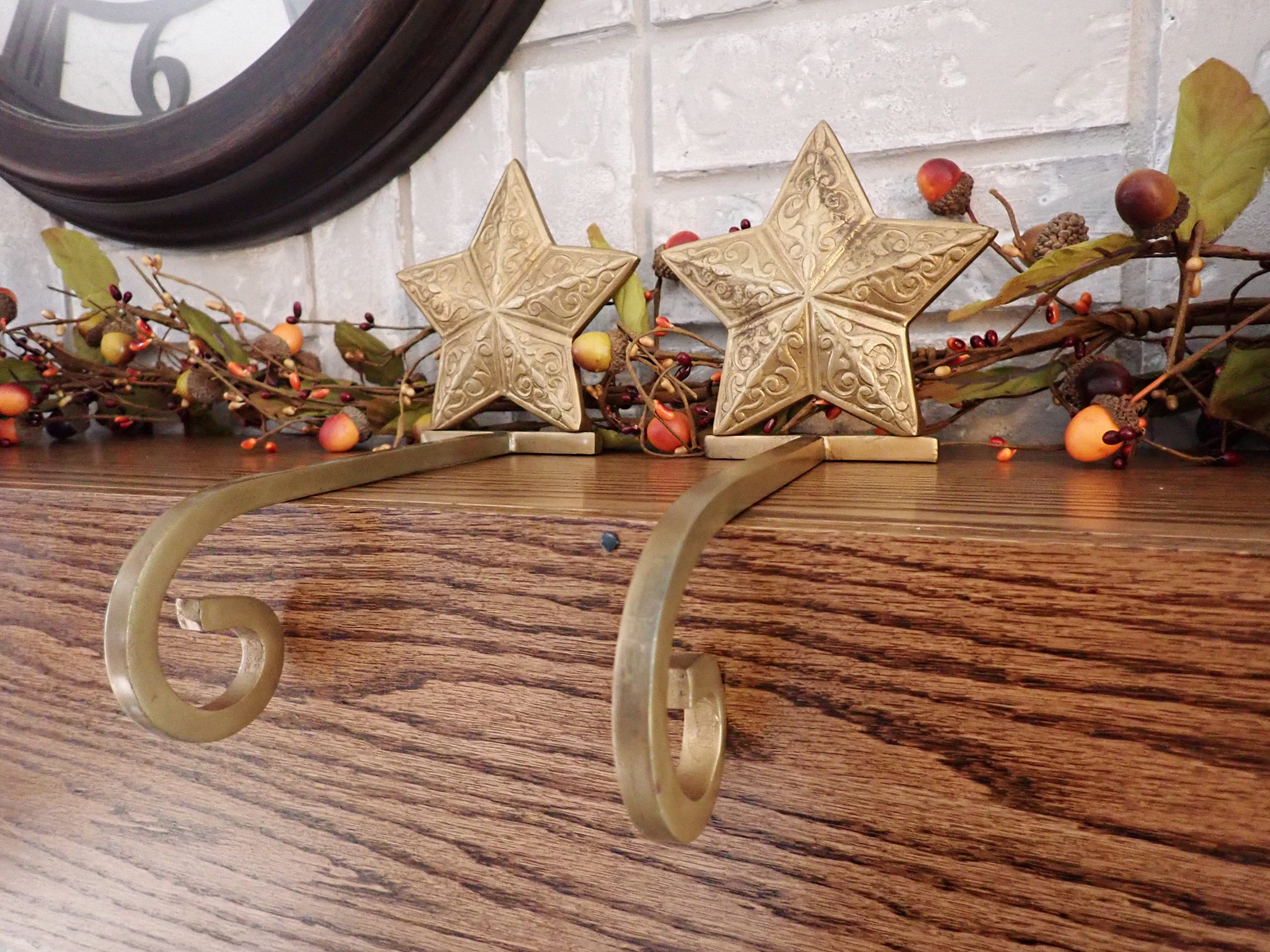 Vintage Brass Star Stocking Hanger Hook Holder Set of 2 Christmas