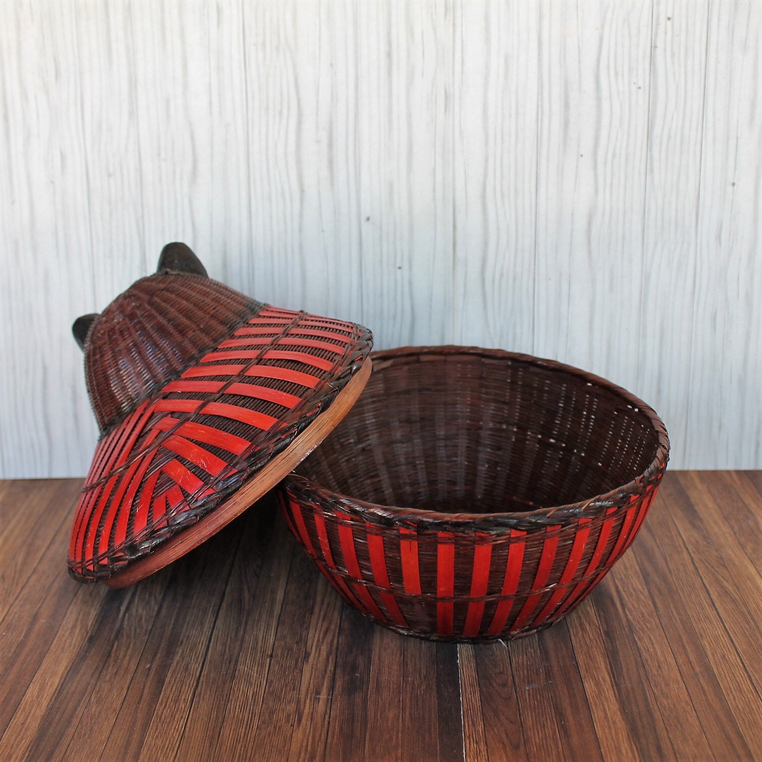 Vintage Woven Wicker Animal Bear Dog Basket Brown and Red Asian Basket