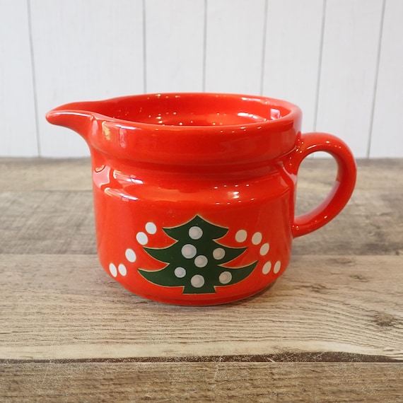 Vintage WAECHERSBACH Christmas Creamer Red Ceramic with Green and White Tree Made in Germany