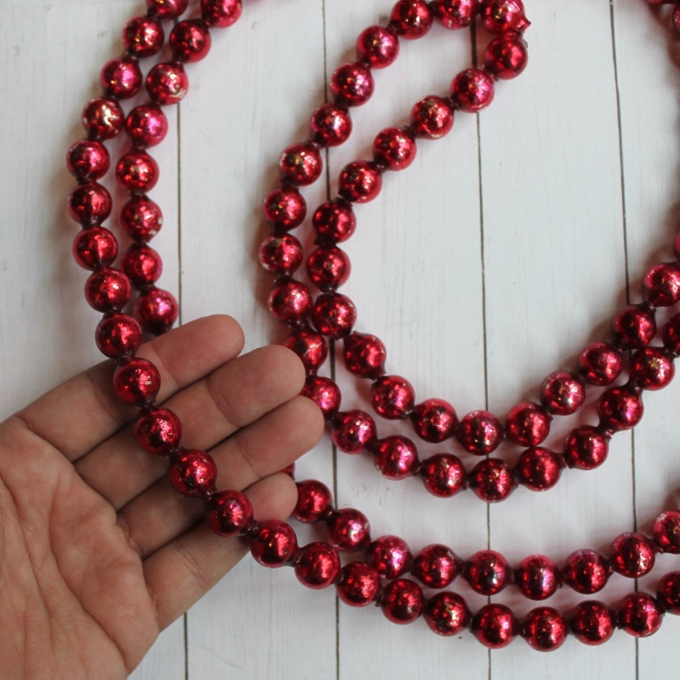 Vintage Mercury Glass Bead Garland 12' Feet Beaded Red Cranberry