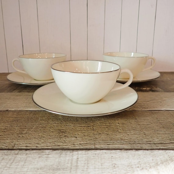 Vintage Lenox Olympia Platinum Cup and Saucer Set of 3 Ivory White with Silver Band