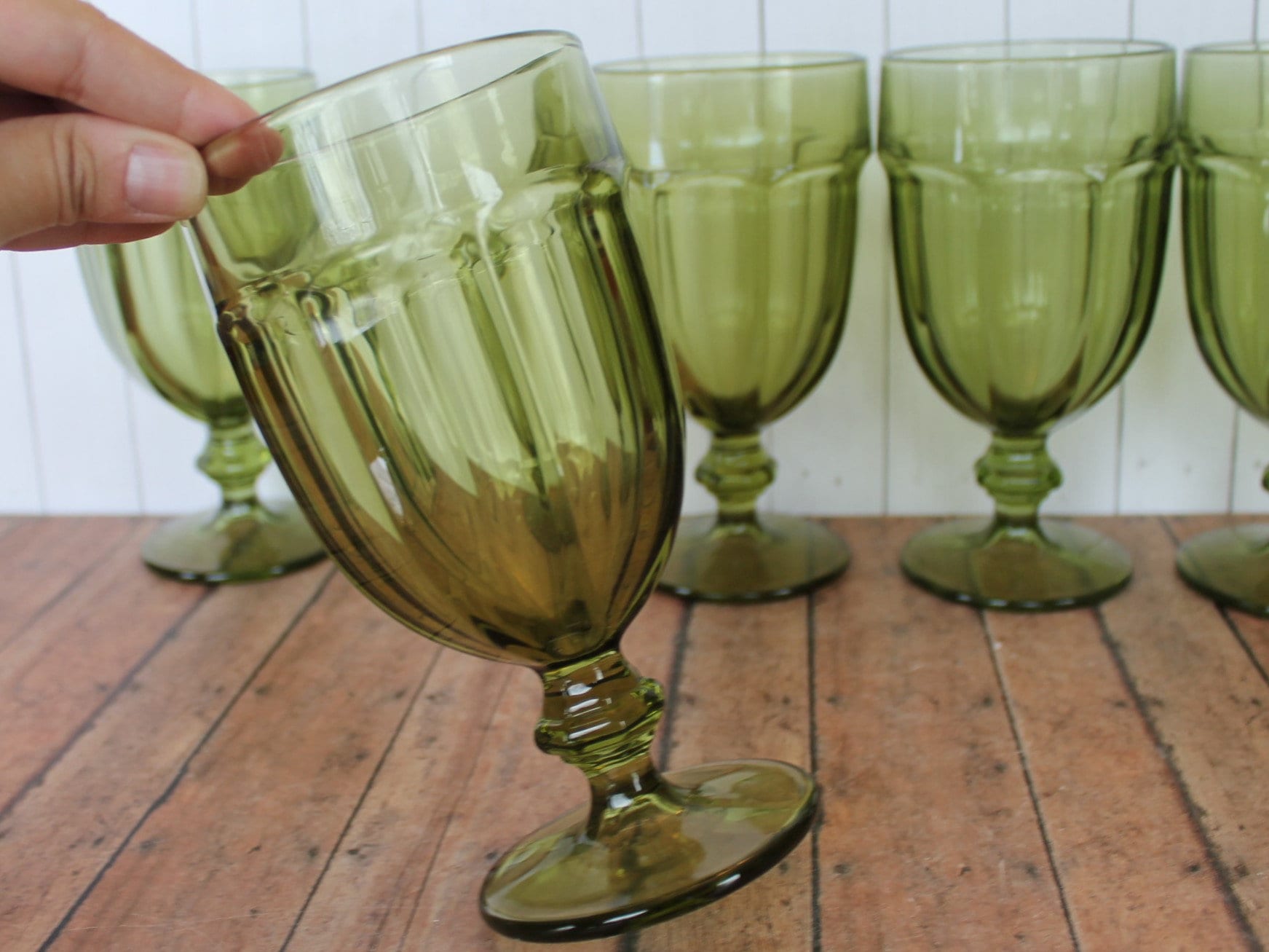 Vintage Libbey Glass GIBRALTAR Olive Green 7 Iced Tea Water Goblet Set