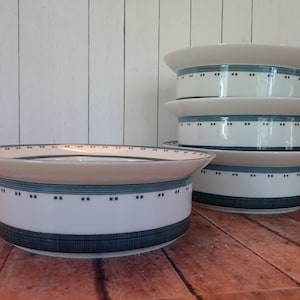 Vintage Dansk GRIDWORKS BLUE 6&quot; Rim Cereal Bowl Set of 4 White Stoneware with Blue Grid and Dot Design