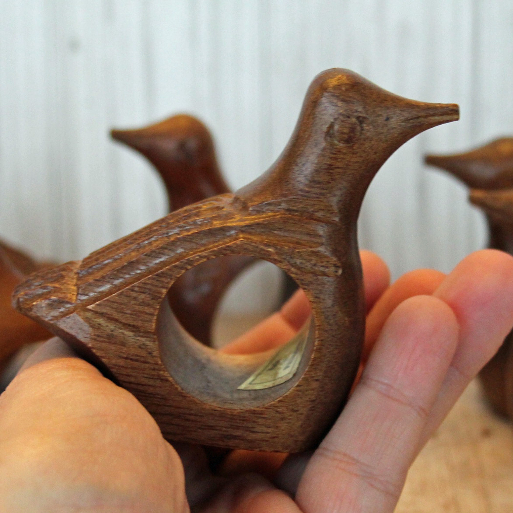Vintage Wood Carved Bird Shaped Napkin Ring Holder Set of 6 Made in